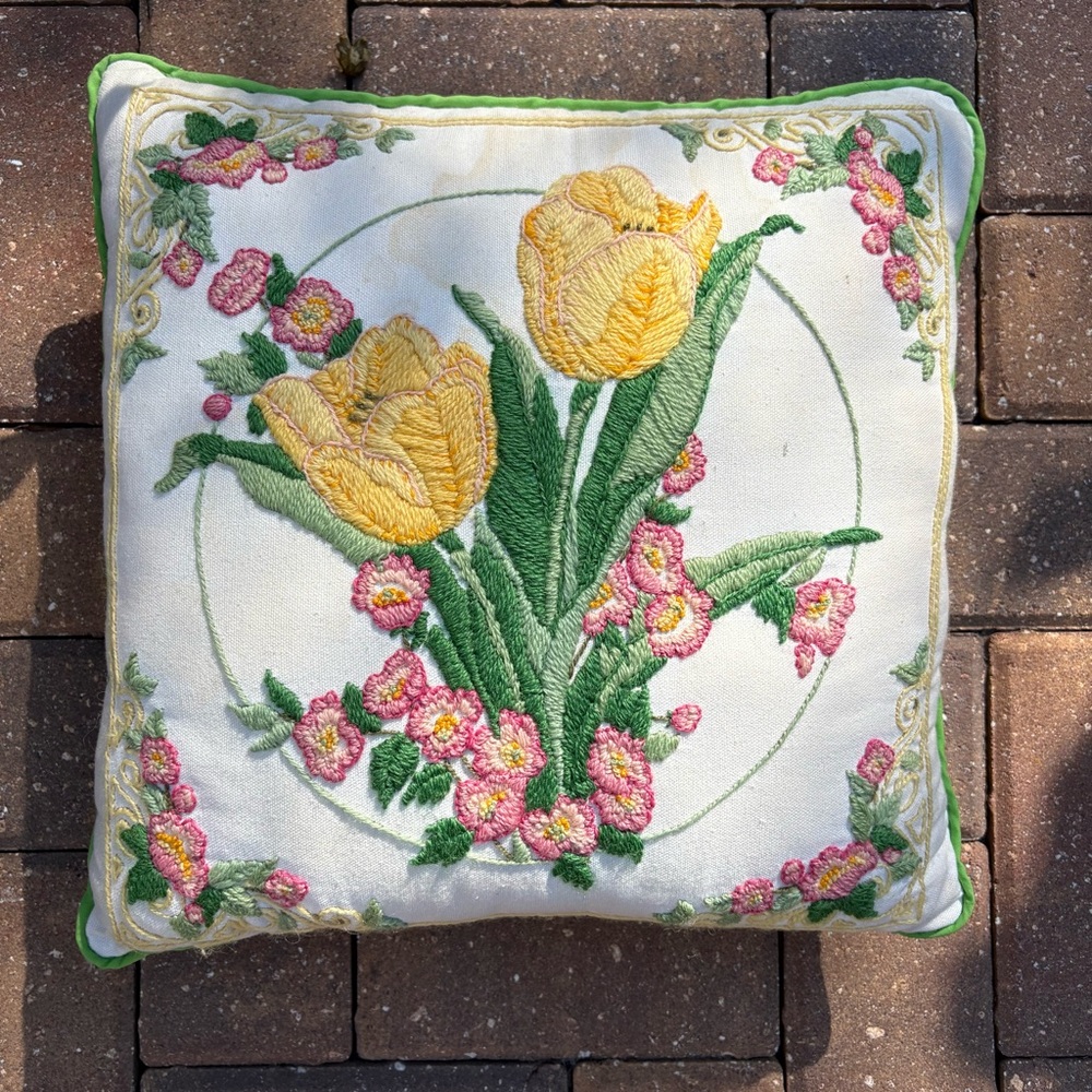 Embroidered Floral Print Pillow